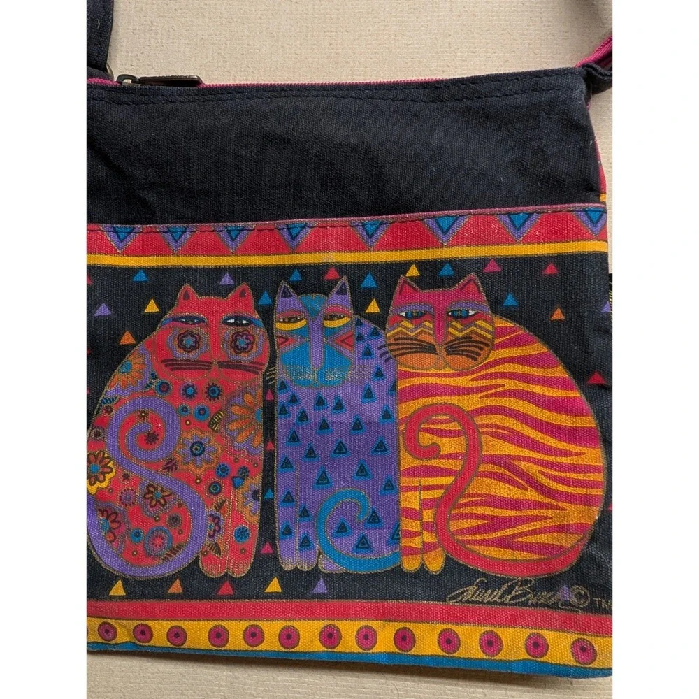 Laurel Burch Handbag Black Cloth With 3 Cats‎ Vintage Boho Adjustable Strap